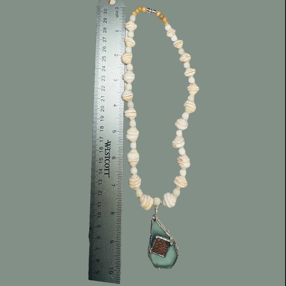 VNTG Hawaiian Heishi Puka Shell Necklace W/ Sea Glass & Copper Mermaid Pendant - Picture 8 of 16